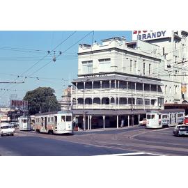 Tram 410 outside National Hotel and Customs House at corner of Adelaide Street and Queen Street - 1968