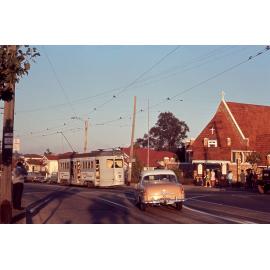 Tram No. 450 at corner of Waterworks Road and Jubilee Terrace outside St Paul's Anglican Church, Ashgrove - 1968