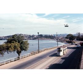 Tram No. 481 on Kingsford Smith Drive, Hamilton, looking west towards Breakfast Creek and Newstead - 1968