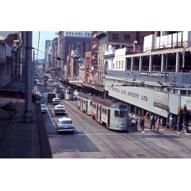 Trams No. 481, No. 521, and No. 495 on Queen Street, Brisbane City - 1968