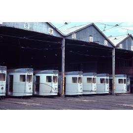 Trams No. 425, No. 485, No. 535, No. 429, No. 519, No. 431 at Annerley depot, Ipswich Road - 1968