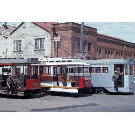 Trams No. 65, No. 47, and No. 99 at Milton workshops - 1968