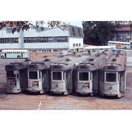 Trams No. 322, No. 308, No, 301, No. 296 and No. 292 in storage at Milton depot - 1968