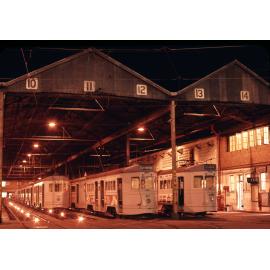 Night shot of trams No. 425, No. 471, and No. 499 at Annerley depot - 1968