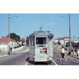 Front shot of tram No. 328 at Samford Road terminus, Enoggera - 1968