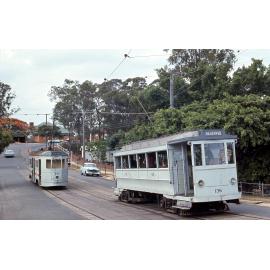 Trams No. 447 and No. 136 on Simpsons Road, Bardon - 1968