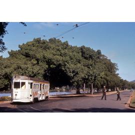 Drivers talking near tram No. 438 at terminus at corner of Orleigh Street and Hoogley Street, West End - 1969