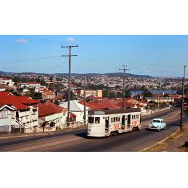 Landscape shot of tram No. 471 on Gladstone Road, Highgate Hill -1969