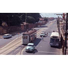 Tram No. 531 and Leyland Panther bus No. 511 on Stanley Street, Woolloongabba