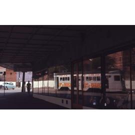 Reflection of tram No. 410 in music shop window - Stanley Street, Woolloongabba - 1969