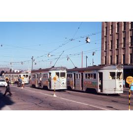 Trams No. 464 and No. 543 at corner of Stanley Street and Vulture Street, South Brisbane - 1969