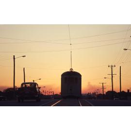Shot of tram No. 482 on O'Keefe Street at sunset, Woolloongabba -1969