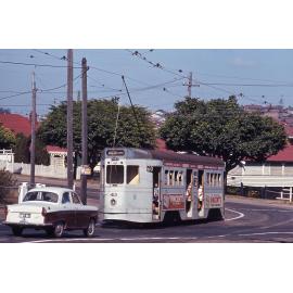 Tram No. 413 on Vulture Street turning into Lisburn Street, South Brisbane - 1969