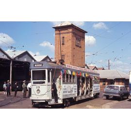Tram No. 231 festooned in ribbons, at Annerley depot, 1969