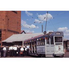 Tram No. 231 at Annerley depot with retired tramways staff gathered - 1969