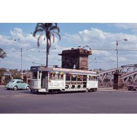 Tram No. 231 festooned in ribbons, near Victoria Bridge, Queen Street, 1969