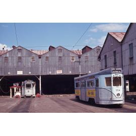 Tram No. 554 with livery proclaiming it the last tram to run on Brisbane's tram system, No. 231 in background, Milton depot - 1969