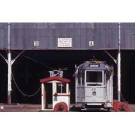 Tram No. 231 with ribbons on traverser at Milton workshop - 1969