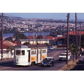 Tram No. 474 on Gladstone Road overlooking river, Highgate Hill - 1969