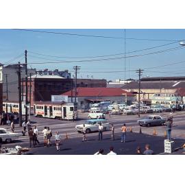 Tram No. 412 decorated with No. 531 at corner of Russell Street and Grey Street, South Brisbane - 1969