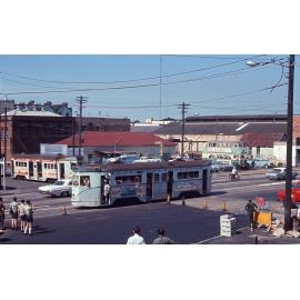 Trams No. 547, No. 412 and No. 531 at corner of Russell Street and Grey Street, South Brisbane - 1969