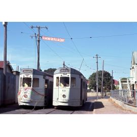 Tram No. 412 painted with flowers and covered with ribbons with No. 531 on Amy Street and Agnes Street, Albion - 1969