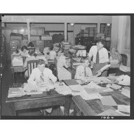Women and men working at City Hall with paperwork and card files - 1950