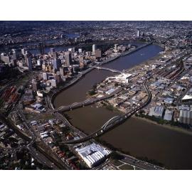 Aerial View of Brisbane River between Milton and West End showing Railway Bridges - 1981