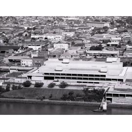 Aerial view of Queensland Cultural Centre and South Brisbane from City highrise - 1982